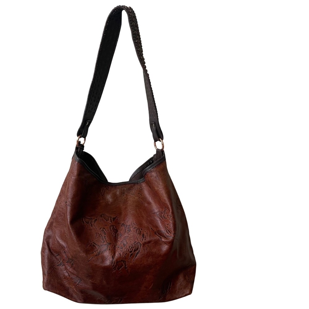 Double J Saddlery Brown Leather Wild Horse Embossed Studded‎ Hobo Shoulder Bag
